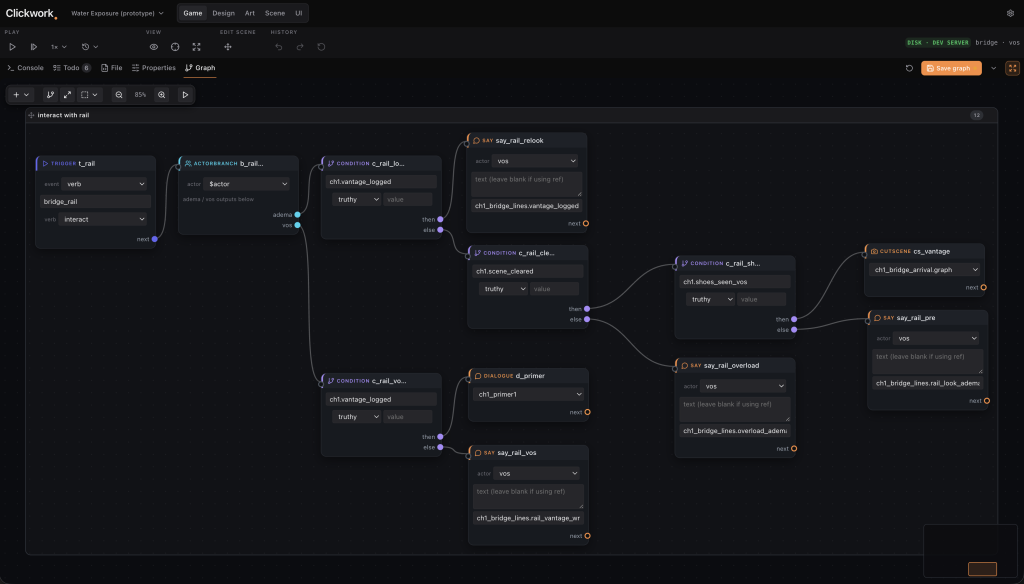 screenshot of the point and click game editor, visual programming tab open