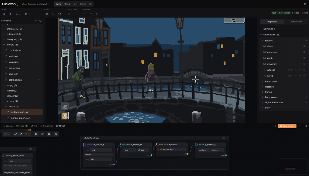 screenshot of the point and click game editor, main tab open