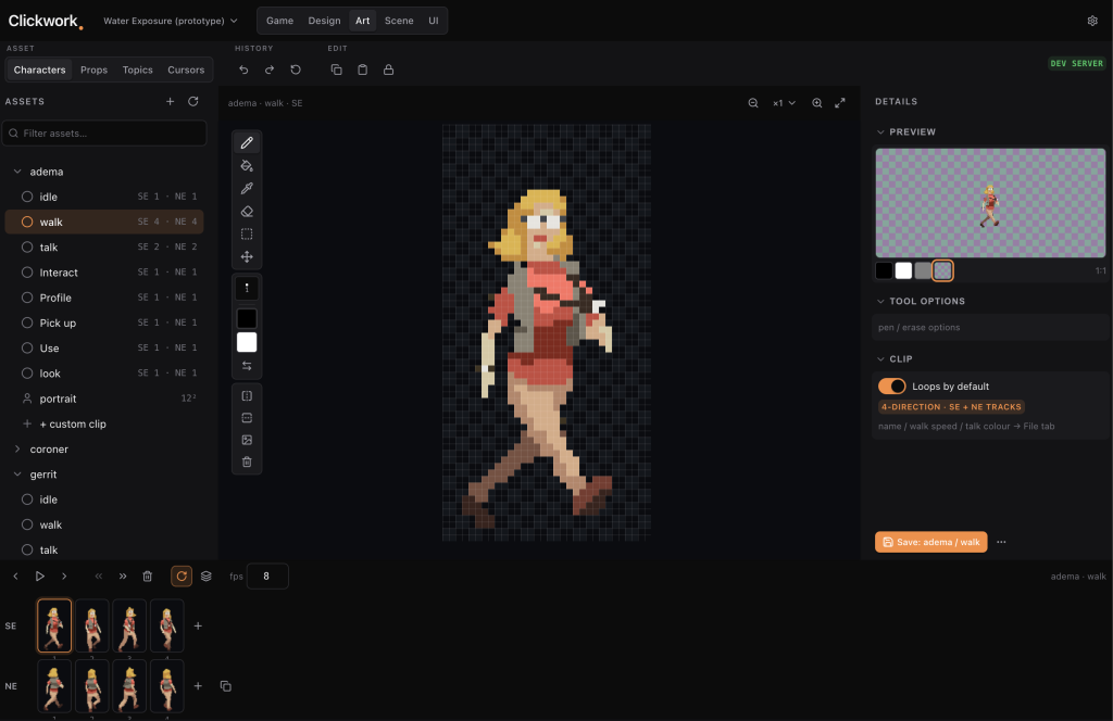 screenshot of the point and click game editor, character animation tab open