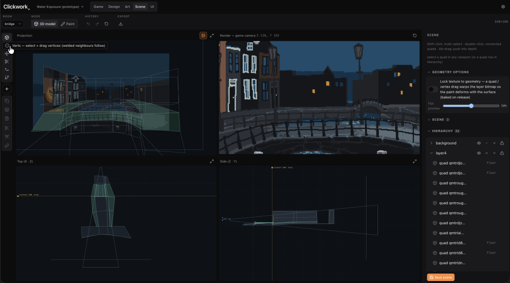 screenshot of the point and click game editor, 3D modeling tab open