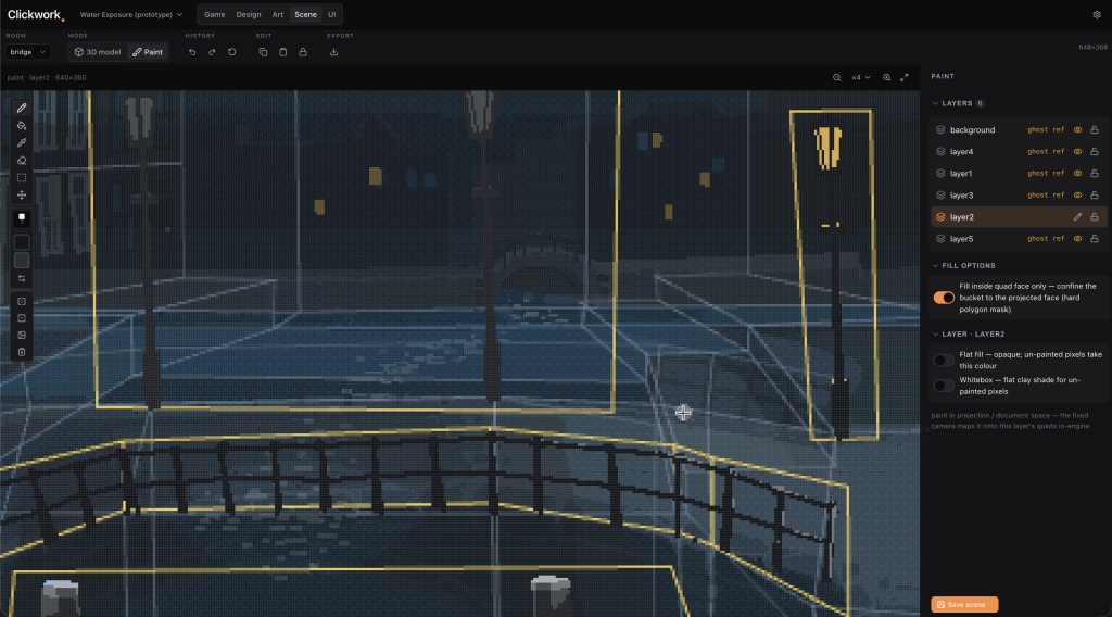 screenshot of the point and click game editor, background painting tab open