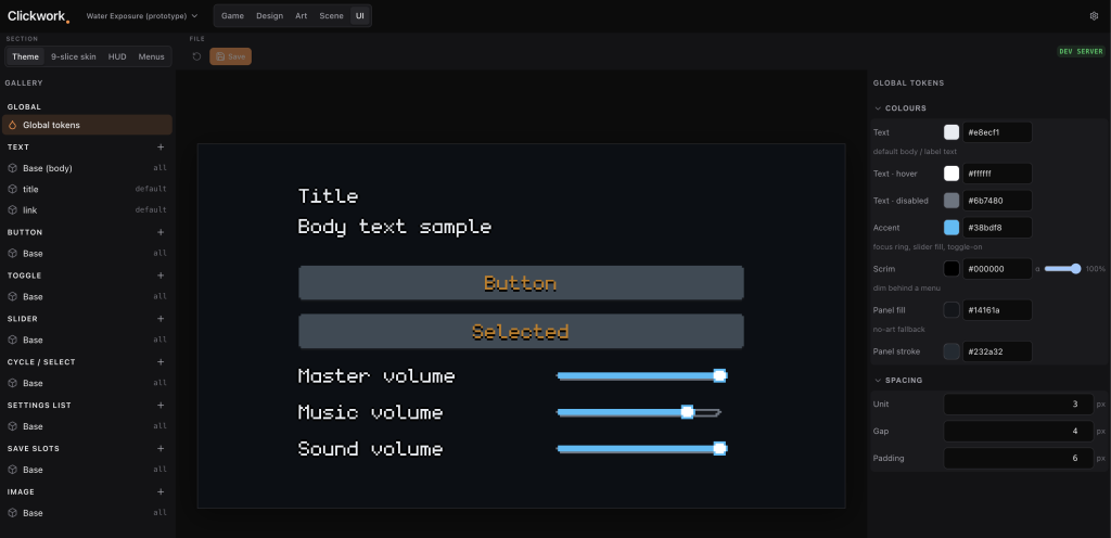 screenshot of the point and click game editor, UI theme editor tab open